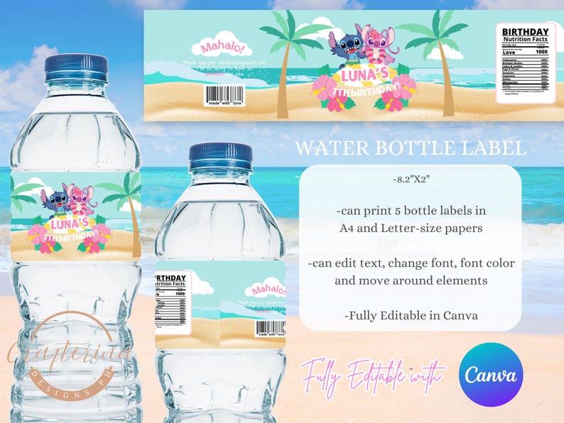 May include: Water bottle labels featuring a tropical beach theme with palm trees and cartoon characters. The labels are designed for a birthday celebration, with text that reads "Luna's 7th Birthday". The labels are fully editable in Canva.