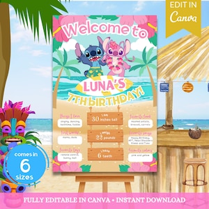 Stitch Angel Milestone Welcome Sign, Stitch Angel Birthday Decor, Blue Pink Stitch Banner, Stitch Poster, Stitch Party Favor, Hawaiian Party