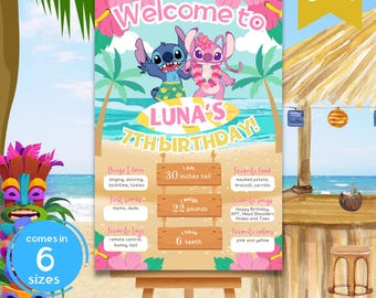 Stitch Angel Welcome Sign: Hawaiian Birthday Party Decor (Digital Download, Editable Canva Template)