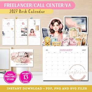Puede incluir: Un calendario de escritorio 2027 para trabajadores independientes y centros de llamadas con ilustraciones de una persona con auriculares, computadora, silla de oficina, premio dorado, letrero de no molestar, botella, bolsa y café helado.