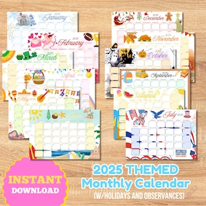 Calendrier 2025 imprimable, avec jours fériés, calendrier pour enfants mignons 2025, calendrier de table, calendrier mural PDF, agenda mensuel, modifiable