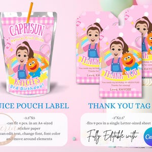K&ouml;nnte beinhalten: Rosa Geburtstagsparty-Zubeh&ouml;r mit einem Saftbeutel-Etikett und Dankeskarten. Das Saftbeutel-Etikett tr&auml;gt die Aufschrift "CapriSun" und "Kaycee's 3rd Birthday!" mit einer Zeichentrickfigur. Auf den Dankeskarten steht "Thank You".