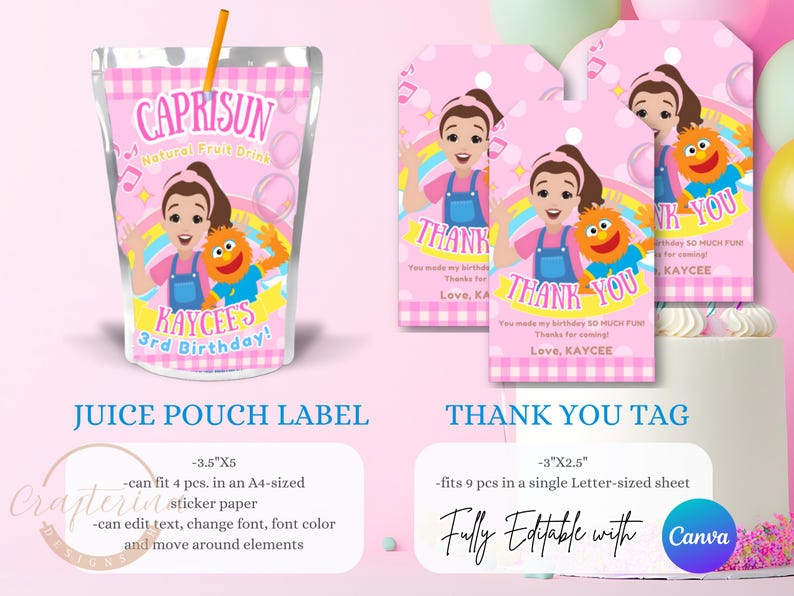 K&ouml;nnte beinhalten: Rosa Geburtstagsparty-Zubeh&ouml;r mit einem Saftbeutel-Etikett und Dankeskarten. Das Saftbeutel-Etikett tr&auml;gt die Aufschrift "CapriSun" und "Kaycee's 3rd Birthday!" mit einer Zeichentrickfigur. Auf den Dankeskarten steht "Thank You".