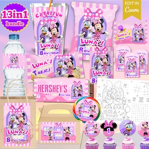 Minnie Maus Bowtique Gastgeschenk | Bearbeitbare Rosa Schleife Party Dekor | Digitale Vorlage
