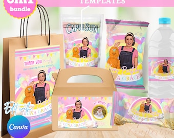 May include: A set of printable party favor labels featuring a girl with a rainbow background and the text "Luna Grace". The labels are designed for chip bags, rice krispies bags, juice pouches, water bottles, favor bags, and gable boxes.