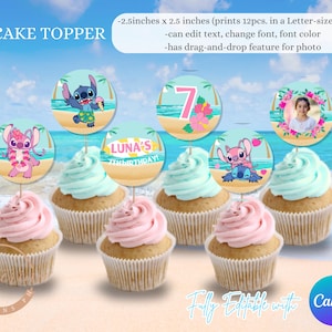 May include: Cupcakes with pink and blue frosting, topped with circular toppers featuring cartoon characters and beach scenes. The toppers are 2.5 inches in diameter and can be edited with text, font, and photos. The cupcakes are for a birthday celebration.