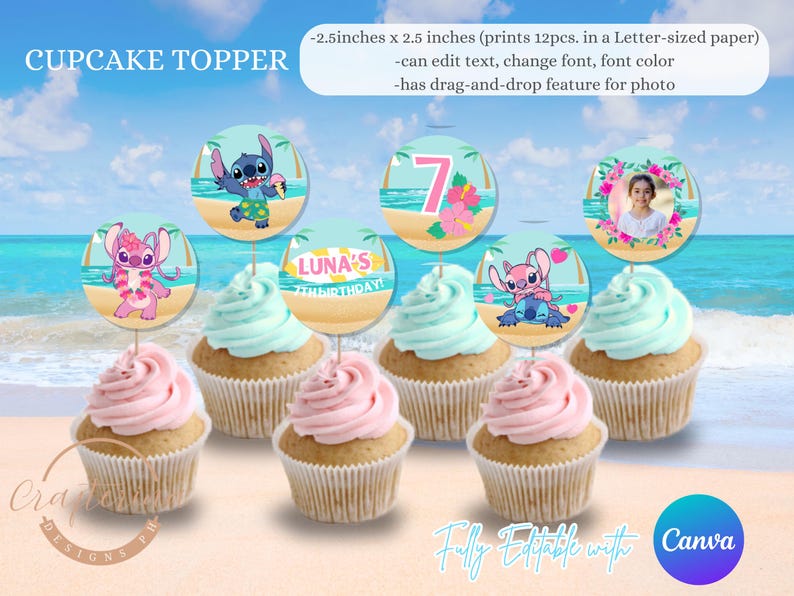May include: Cupcakes with pink and blue frosting, topped with circular toppers featuring cartoon characters and beach scenes. The toppers are 2.5 inches in diameter and can be edited with text, font, and photos. The cupcakes are for a birthday celebration.