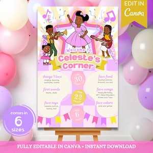May include: A pink and yellow birthday poster with the text "Welcome to Celeste's Corner." The poster features illustrations of children playing instruments and includes information about the child's height, weight, and favorite things. The poster is 30 inches tall and weighs 22 pounds.