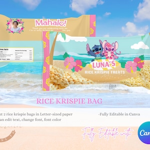 May include: Rice Krispie treat bag design with a beach theme. The bag features the text "Mahalo!" and "Luna's Rice Krispie Treats". The design includes cartoon characters, flowers, and a nutrition facts label. The text "Rice Krispie Bag" is also visible.