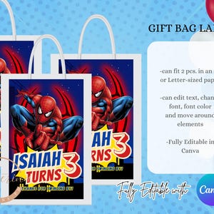 May include: Gift bag labels featuring a red and blue Spider-Man graphic. The bags have white handles and include text that reads "ISAIAH TURNS 3" and "THANKS FOR SWINGING BY!". The labels are fully editable in Canva.