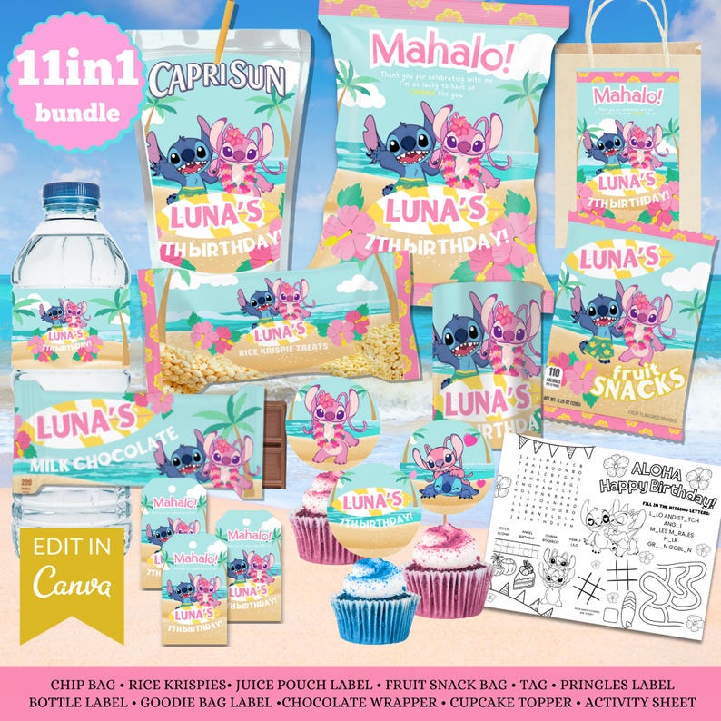 May include: A collection of party supplies featuring a cartoon character theme. Includes chip bags, juice pouch labels, cupcake toppers, and more. The text "11in1 bundle" and "Luna's 7th Birthday" are visible. The color scheme is light blue, pink, and white.
