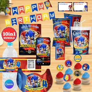 Pacote SONIC 10 em 1 modelo editável, convite de batismo de aniversário, saco de salgadinhos, chapéu de festa, banner, topper de cupcake, rótulo de garrafa, etiqueta para festa
