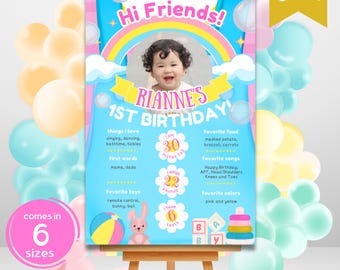 May include: A colorful birthday poster on an easel, featuring a photo of a baby and the text "Hi Friends!" and "Rianne's 1st Birthday!". The poster includes the baby's height (30 inches), weight (22 pounds), and favorite things.