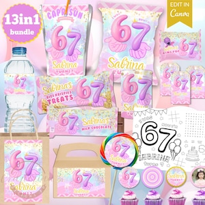 Pode incluir: Um conjunto de artigos para festas em rosa e roxo, com o número 67 e o nome "Sabrina". O conjunto inclui saquinhos Capri Sun, rótulos para garrafas de água, doces e sacos de guloseimas. Ideal para uma festa de aniversário.