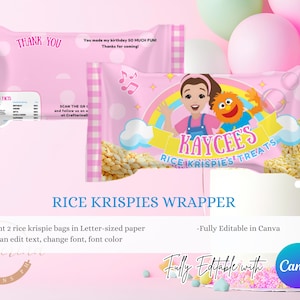 K&ouml;nnte beinhalten: Rosa Rice Krispies Treat-Verpackung mit einem Cartoon-M&auml;dchen und einer Sesamstra&szlig;en-Figur. Die Verpackung tr&auml;gt die Aufschrift "Kaycee's Rice Krispies Treats" und "Danke". Das Design umfasst einen Regenbogen und Noten.