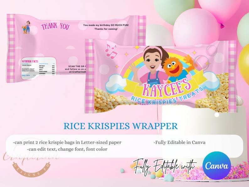 K&ouml;nnte beinhalten: Rosa Rice Krispies Treat-Verpackung mit einem Cartoon-M&auml;dchen und einer Sesamstra&szlig;en-Figur. Die Verpackung tr&auml;gt die Aufschrift "Kaycee's Rice Krispies Treats" und "Danke". Das Design umfasst einen Regenbogen und Noten.