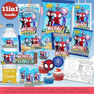 Sacchetto di patatine a tema supereroe, bomboniere a tema Spider-Man, compleanno di un supereroe, cupcake con decorazioni a tema supereroe, Rice Krispies, biscotti Hershey a tema Spider-Man, etichetta Pringles