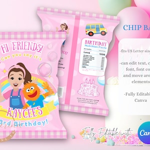 K&ouml;nnte beinhalten: Rosa Chip-Bag-Design mit dem Text "HI FRIENDS!" und "KAYCEE'S 3rd Birthday!" mit Zeichentrickfiguren und einem Regenbogen. Die T&uuml;te enth&auml;lt ein N&auml;hrwertetikett und ist vollst&auml;ndig in Canva bearbeitbar.