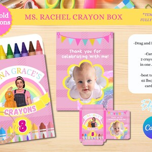 May include: A pink and yellow crayon box favor with a rainbow and the text "Luna Grace's Crayons 8". The box has a picture of a girl holding a large orange puppet. The text "Can print 2 crayon boxes in one A4 paper" and "best to print in 65 lbs/180gsm cardstock" is also included.
