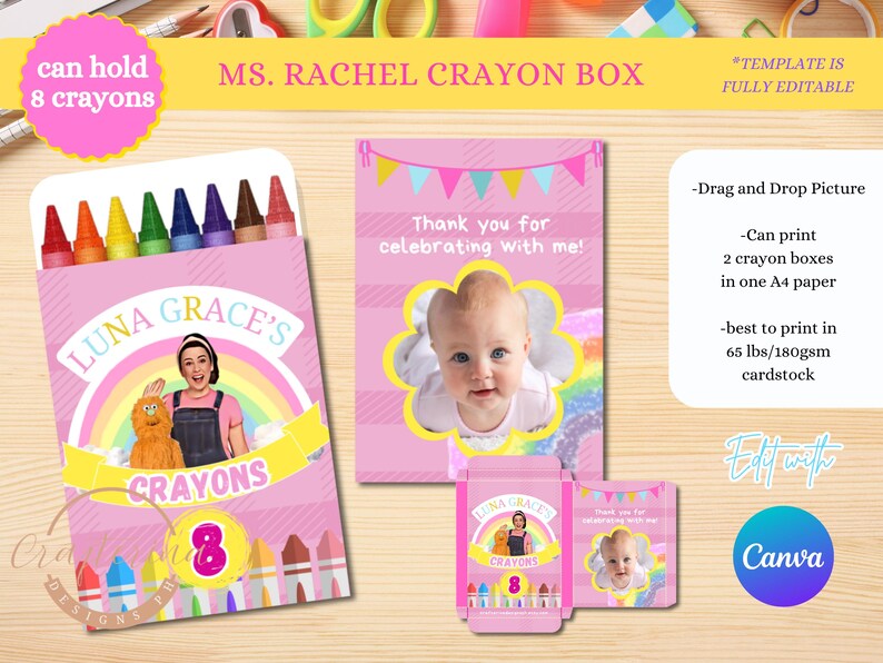 May include: A pink and yellow crayon box favor with a rainbow and the text "Luna Grace's Crayons 8". The box has a picture of a girl holding a large orange puppet. The text "Can print 2 crayon boxes in one A4 paper" and "best to print in 65 lbs/180gsm cardstock" is also included.