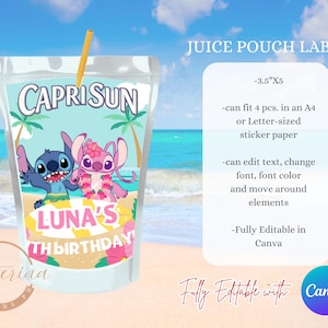 May include: A Capri Sun juice pouch label featuring the characters Stitch and Angel on a beach scene. The label is for Luna's 7th birthday. The design is fully editable in Canva and measures 3.5" x 5".
