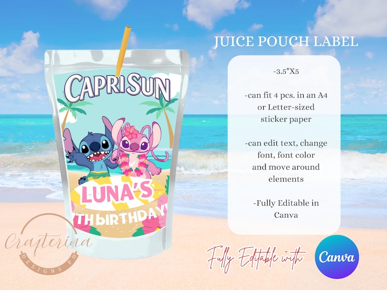 May include: A Capri Sun juice pouch label featuring the characters Stitch and Angel on a beach scene. The label is for Luna's 7th birthday. The design is fully editable in Canva and measures 3.5" x 5".