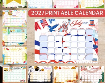 May include: A 2027 printable calendar set featuring twelve monthly pages with seasonal illustrations. The July page displays a patriotic theme with an American flag, a bald eagle, the Statue of Liberty, and fireworks. Each page includes a grid for dates.