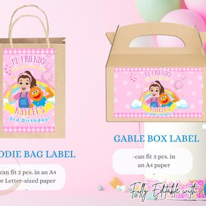 K&ouml;nnte beinhalten: Rosa Geburtstagsparty-Etiketten mit dem Text "Hi Friends!" und "Kaycee's 3rd Birthday!" mit einem Cartoon-M&auml;dchen und einer Figur. Ein Etikett befindet sich auf einer braunen Papiert&uuml;te, das andere auf einer Giebelbox.