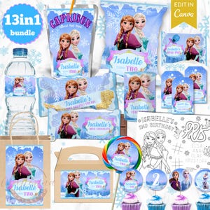 Op de afbeelding: Een feestpakket met een Frozen-thema, inclusief Capri Sun-zakjes, waterflesetiketten en snoep. Het kleurenschema is lichtblauw, paars en wit. De bundel bevat ook een kleurplaat.