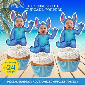 Custom Face Stitch Cupcake Toppers: Lilo & Stitch Party (Digital Download, PDF/PNG Files)