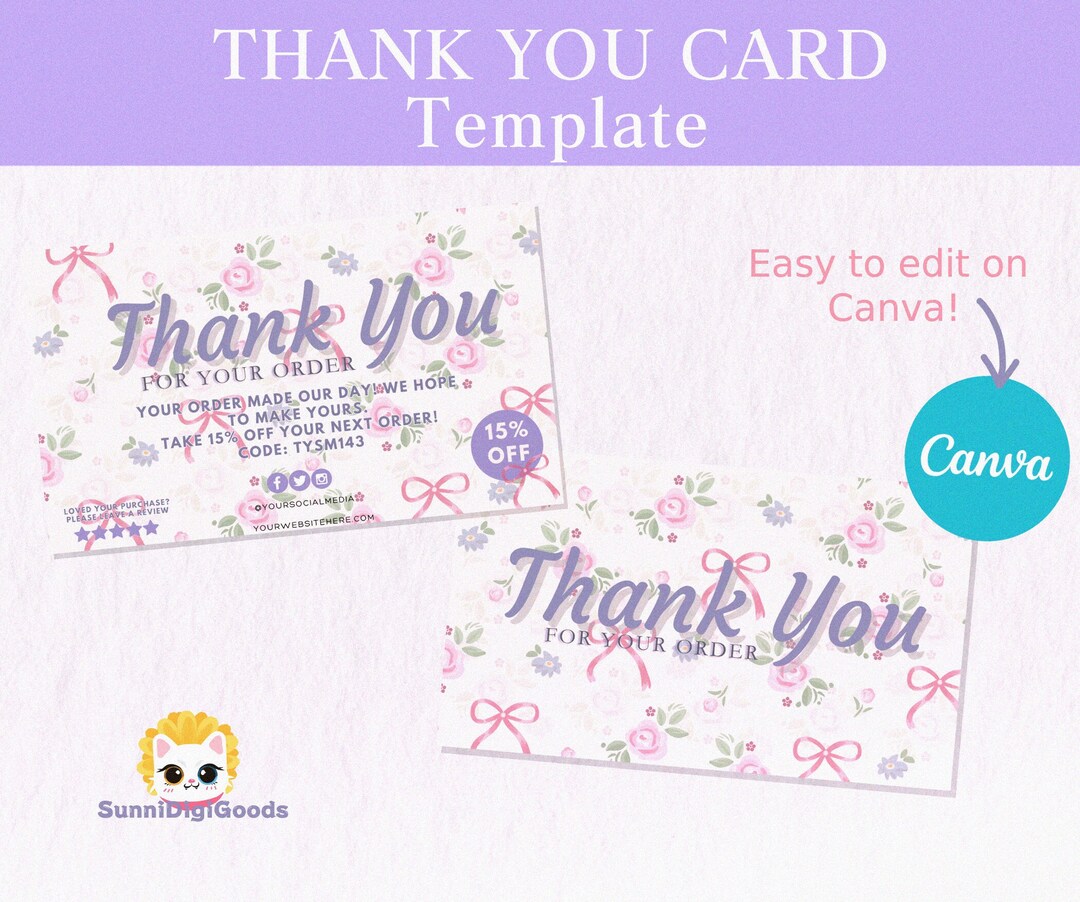 Thank You Card Canva Editable Cute Elegant Pink Floral Coquette ...
