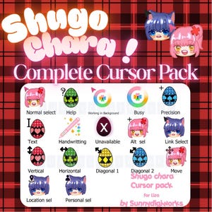 May include: A digital art graphic with the text "Shugo Chara! Complete Cursor Pack." The image displays various cursor designs, including egg-shaped cursors with different patterns and character faces. The background has a red and black plaid pattern.