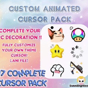 May include: A pack of 17 animated cursor designs for customising your computer. The pack includes a variety of cute and quirky designs, such as a cat, a mushroom, a star, and paw prints. The text "CUSTOM ANIMATED CURSOR PACK" and "17 COMPLETE CURSOR PACK" is displayed on the image.