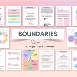 May include: A printable digital download workbook with 50 pages of exercises and activities focused on setting healthy boundaries. The workbook features a pink and green color scheme with illustrations of a woman meditating and a star.