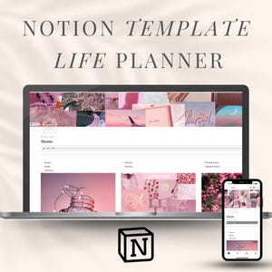May include: A laptop computer displaying a Notion Life Planner template with a pink and white color scheme. The template includes sections for daily, weekly, and monthly planning. The laptop is on a white surface with a pink and white background. The Notion logo is in the lower left corner of the image.
