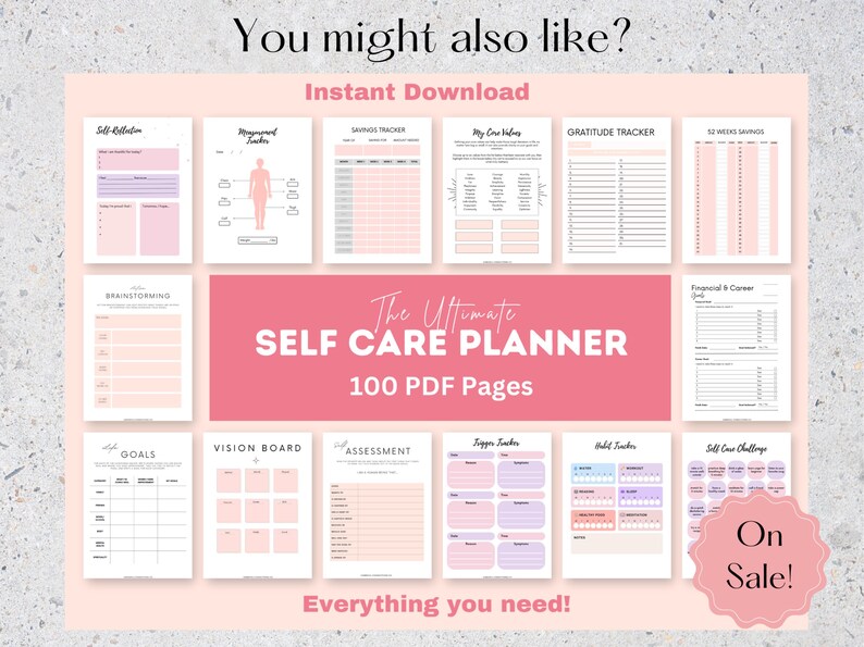 May include: A pink and white printable self-care planner with 100 pages. The planner includes pages for goal setting, vision boards, assessments, savings trackers, gratitude trackers, and more. The text "The Ultimate Self Care Planner" is in a pink box.