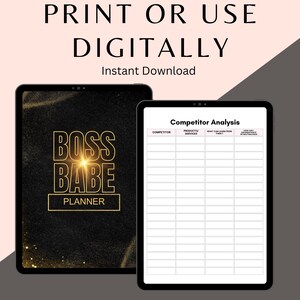 Puede incluir: Un planificador digital con fondo negro y purpurina dorada. El planificador tiene el texto "Boss Babe Planner" en letras doradas. La imagen tambi&eacute;n muestra una hoja de trabajo de an&aacute;lisis de la competencia con columnas para el competidor, productos/servicios, qu&eacute; los hace destacar y c&oacute;mo atraen clientes.