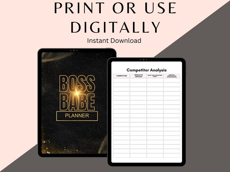 Puede incluir: Un planificador digital con fondo negro y purpurina dorada. El planificador tiene el texto "Boss Babe Planner" en letras doradas. La imagen tambi&eacute;n muestra una hoja de trabajo de an&aacute;lisis de la competencia con columnas para el competidor, productos/servicios, qu&eacute; los hace destacar y c&oacute;mo atraen clientes.