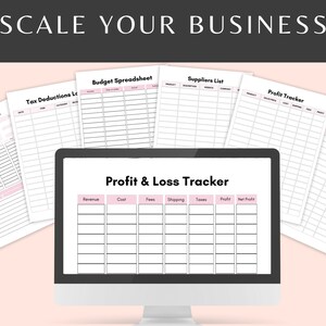 Puede incluir: Una pantalla de computadora que muestra una hoja de c&aacute;lculo etiquetada como "Profit & Loss Tracker" con columnas para ingresos, costos, tarifas, env&iacute;o, impuestos, ganancias y ganancias netas. Alrededor de la pantalla de la computadora hay varias hojas de trabajo imprimibles para la presupuestaci&oacute;n empresarial, que incluyen "Presupuesto mensual", "Deducciones fiscales", "Hoja de c&aacute;lculo de presupuesto", "Lista de proveedores", "Seguimiento de ganancias" y "Seguimiento de inventario".