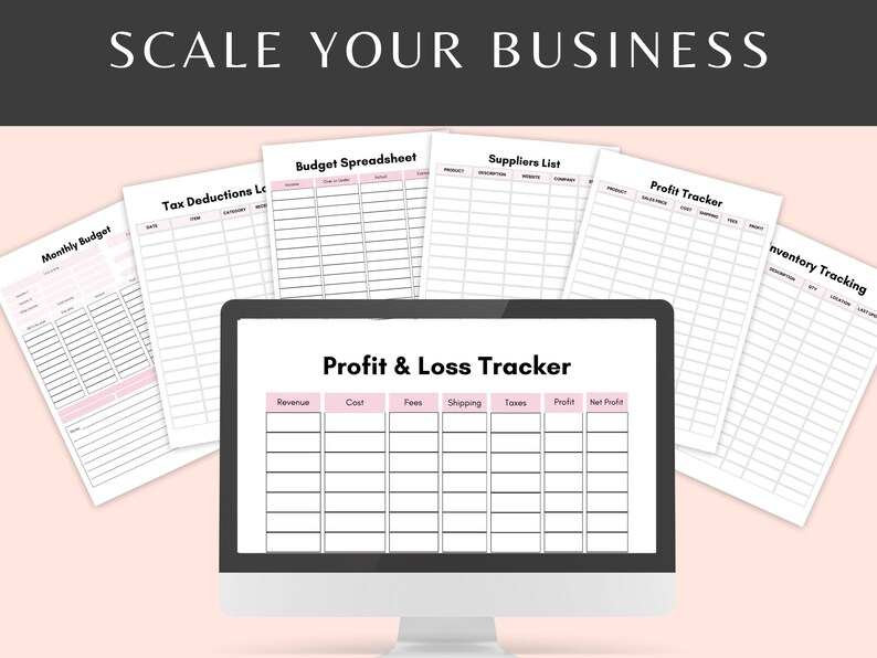 Puede incluir: Una pantalla de computadora que muestra una hoja de c&aacute;lculo etiquetada como "Profit & Loss Tracker" con columnas para ingresos, costos, tarifas, env&iacute;o, impuestos, ganancias y ganancias netas. Alrededor de la pantalla de la computadora hay varias hojas de trabajo imprimibles para la presupuestaci&oacute;n empresarial, que incluyen "Presupuesto mensual", "Deducciones fiscales", "Hoja de c&aacute;lculo de presupuesto", "Lista de proveedores", "Seguimiento de ganancias" y "Seguimiento de inventario".