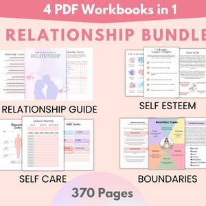 May include: A digital product bundle with four workbooks on relationships, self-esteem, self-care, and boundaries. The workbooks are in PDF format and contain 370 pages. The cover image features illustrations of couples, hearts, and a person meditating.