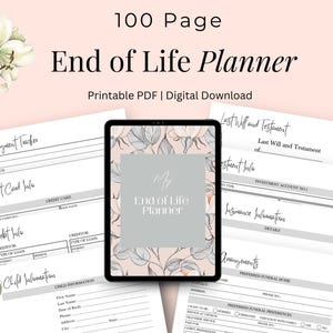 Puede incluir: Un planificador de fin de vida imprimible de 100 páginas en formato PDF para descarga digital con un diseño floral. El planificador incluye secciones para el seguimiento de pagos de deudas, información de tarjetas de crédito, información de deudas, información de niños, testamento, información de cuentas de inversión, información de seguros, arreglos y preferencias funerarias.