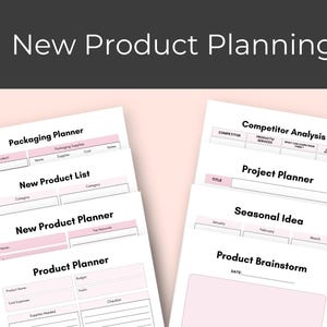 Puede incluir: Una hoja de trabajo imprimible con un dise&ntilde;o rosa y blanco para planificar nuevas ideas de productos. La hoja de trabajo incluye secciones para el empaque, las listas de productos, el an&aacute;lisis de la competencia, la planificaci&oacute;n de proyectos, las ideas estacionales y la lluvia de ideas de productos.