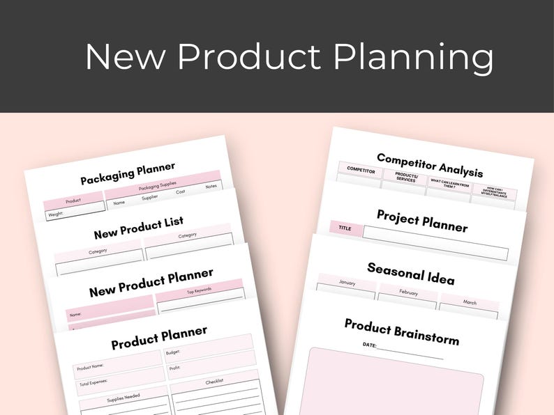 Puede incluir: Una hoja de trabajo imprimible con un dise&ntilde;o rosa y blanco para planificar nuevas ideas de productos. La hoja de trabajo incluye secciones para el empaque, las listas de productos, el an&aacute;lisis de la competencia, la planificaci&oacute;n de proyectos, las ideas estacionales y la lluvia de ideas de productos.