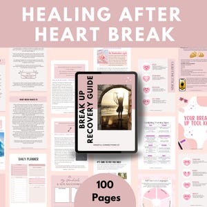 Peut inclure: Un guide numérique rose et blanc intitulé "Break Up Recovery Guide" avec une femme debout sur une plage devant une arche. Le guide compte 100 pages et est conçu pour aider les gens à guérir après une rupture.