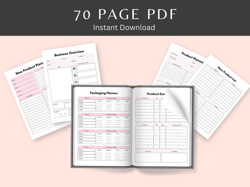 Puede incluir: Un planificador de desarrollo de productos imprimible en PDF de 70 p&aacute;ginas. El planificador incluye secciones para nuevos planes de productos, listas de productos, planificadores de productos, planificadores de empaque y evaluaciones de productos.