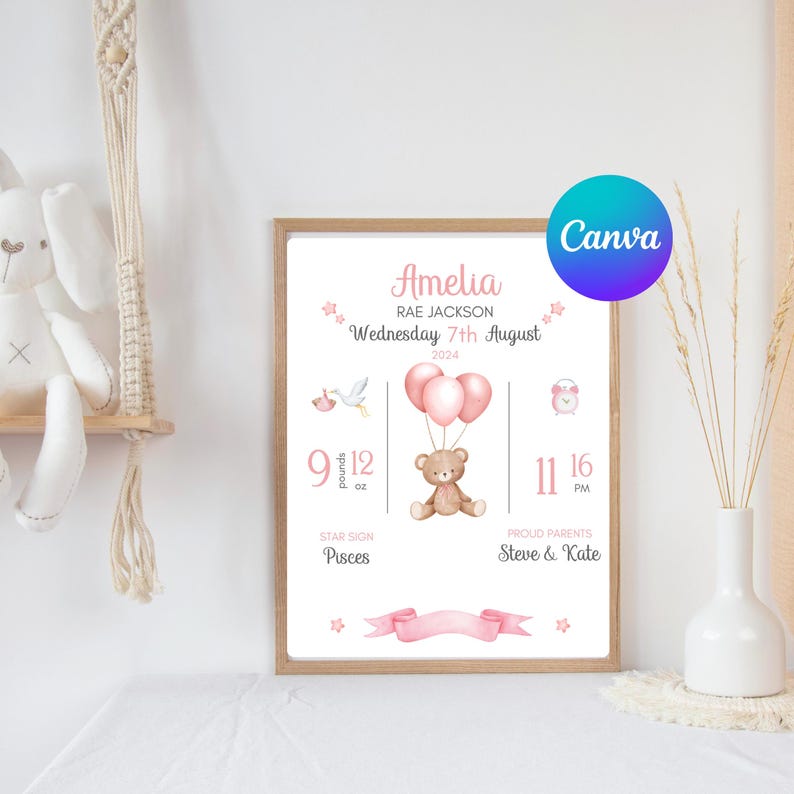 New Baby Announcement Digital Birth Sign New Arrival Baby Girl Nursery ...