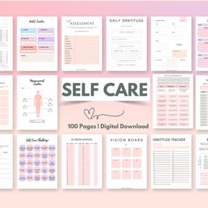 May include: A printable self-care planner with 100 pages. The planner includes sections for financial and career goals, habit tracking, daily gratitude, a vision board, a gratitude tracker, and more. The planner is designed in a pink and white color scheme with a handwritten heart graphic.