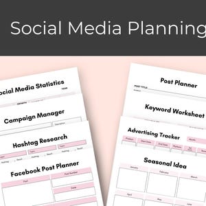 Puede incluir: Una hoja de planificaci&oacute;n de redes sociales imprimible con secciones para estad&iacute;sticas de redes sociales, administrador de campa&ntilde;as, investigaci&oacute;n de hashtags, planificador de publicaciones de Facebook, planificador de publicaciones, hoja de trabajo de palabras clave, seguimiento de publicidad e ideas estacionales.
