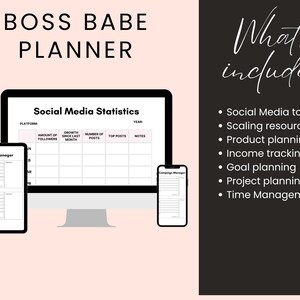 Puede incluir: Un planificador digital para empresarios, con el texto "Boss Babe Planner" y "What's included" en la p&aacute;gina. El planificador incluye secciones para estad&iacute;sticas de redes sociales, gesti&oacute;n de campa&ntilde;as, recursos de escalado, planificaci&oacute;n de productos, seguimiento de ingresos, planificaci&oacute;n de objetivos, planificaci&oacute;n de proyectos y gesti&oacute;n del tiempo.